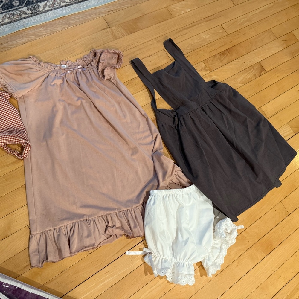 Orphan Costume Soft Dress and Apron, handkerchief bloomers Set in Pink and Gray